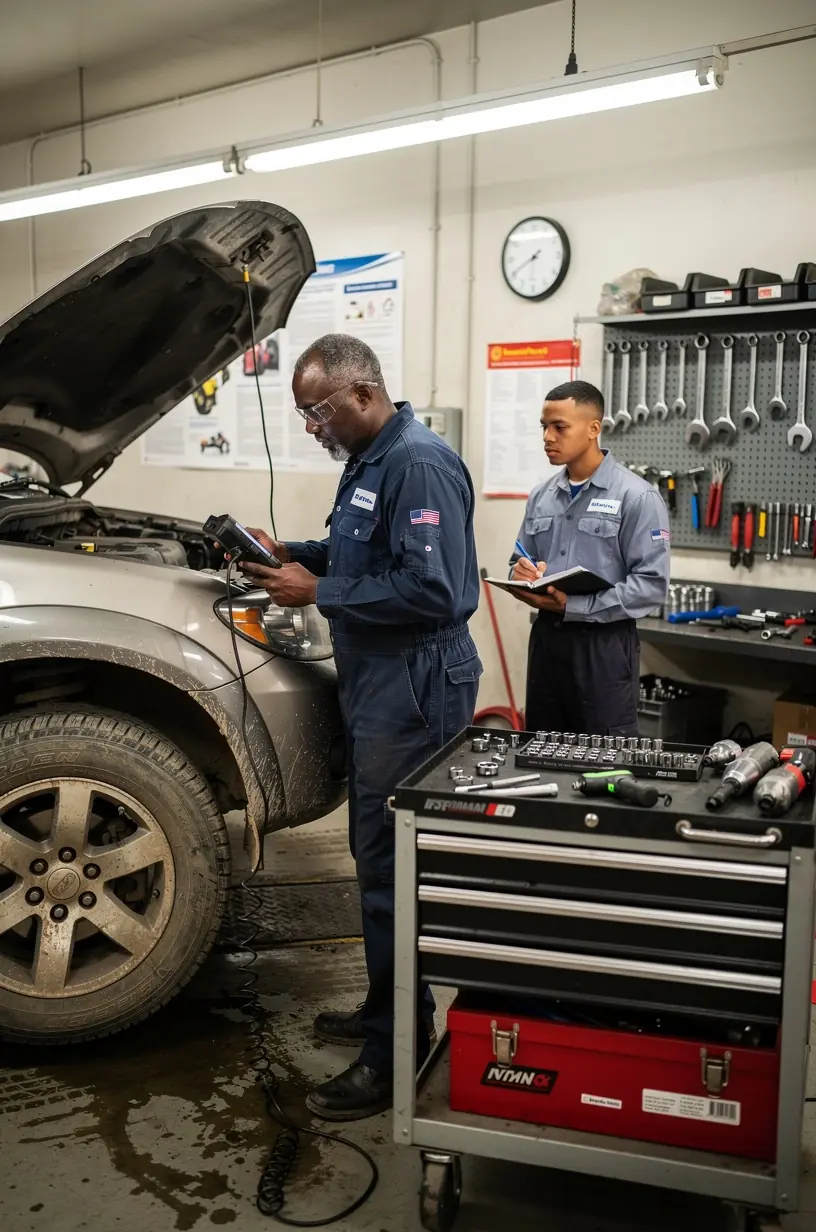 Präzise Diagnose eines Fahrzeugs mit moderner Computertechnik in der Werkstatt